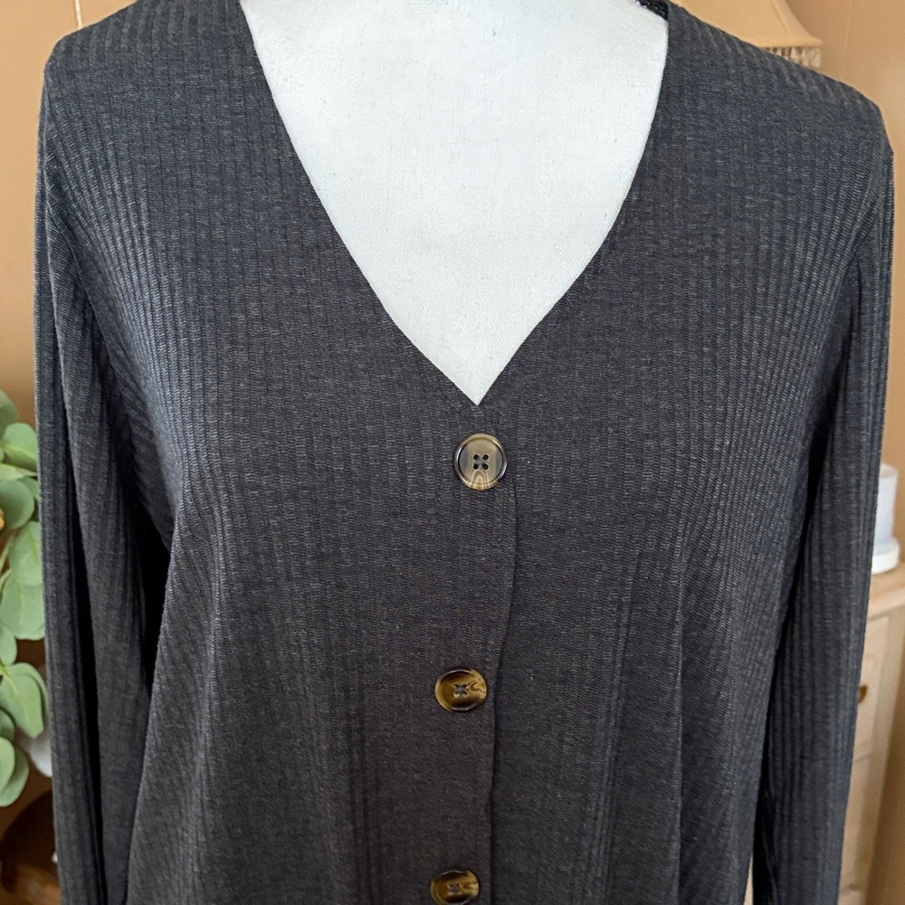 Charcoal Gray Top with Button and Tie Detail